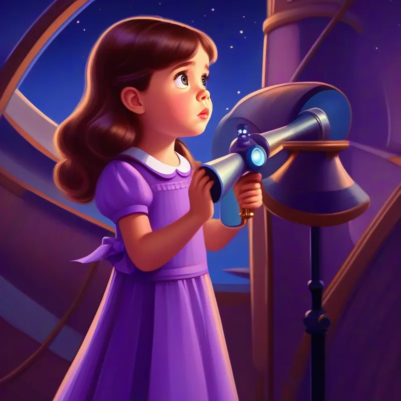 Curious girl with brown hair, wearing a purple dress and blue bow looking concerned while listening to her magic telescope.