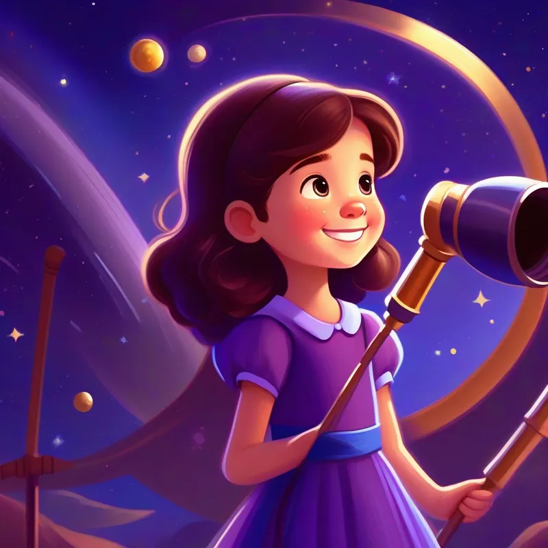 Curious girl with brown hair, wearing a purple dress and blue bow smiling and exploring the solar system with her magic telescope.