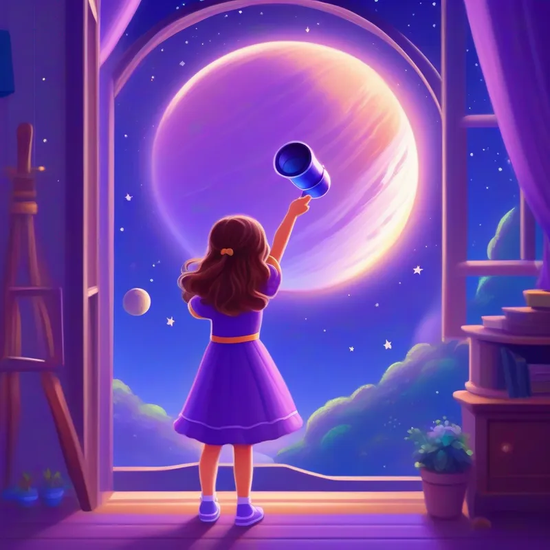 Curious girl with brown hair, wearing a purple dress and blue bow waving goodbye to the planets, back in her room with her telescope.