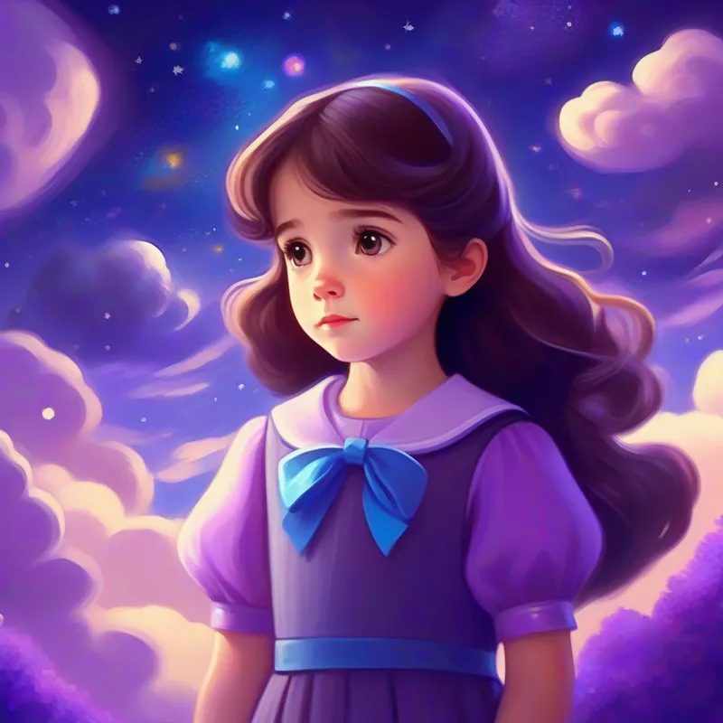 Curious girl with brown hair, wearing a purple dress and blue bow with a thoughtful expression, surrounded by the wonders of the universe.
