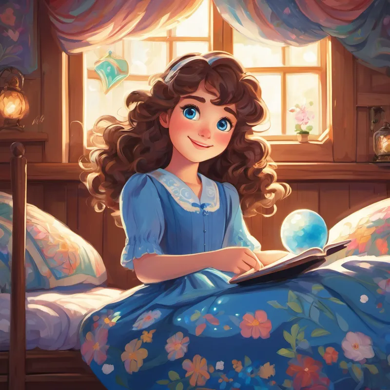 Illustration of Lucy has curly brown hair and sparkling blue eyes She loves wearing colorful dresses lying in her bed with a smile on her face, and a small door underneath her bed, glowing with magic