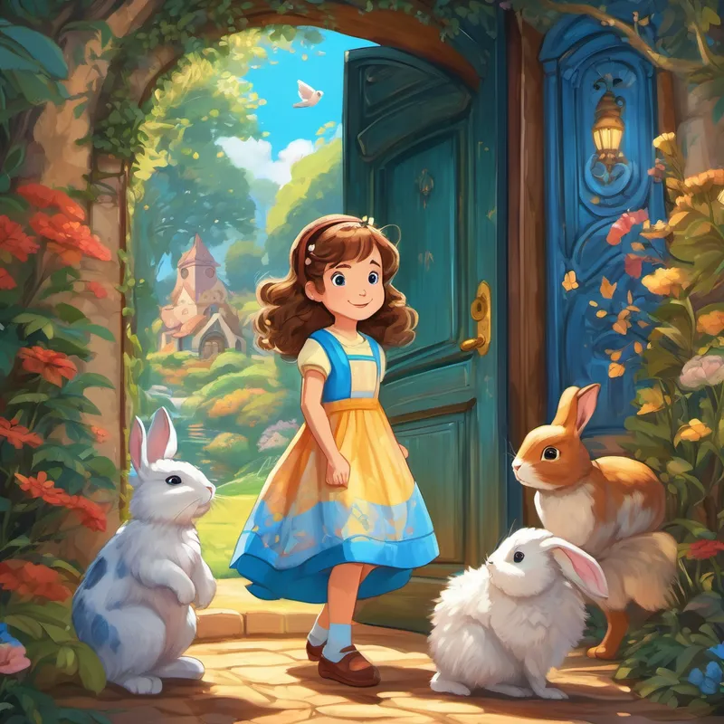 Illustration of Lucy has curly brown hair and sparkling blue eyes She loves wearing colorful dresses stepping through the glowing door, surrounded by talking animals like rabbits, squirrels, and birds