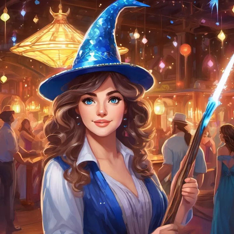 Illustration of Lucy has curly brown hair and sparkling blue eyes She loves wearing colorful dresses and Magic Mike has a long, white beard and wears a big, pointy hat He always carries a sparkly staff standing beside each other, with Magic Mike has a long, white beard and wears a big, pointy hat He always carries a sparkly staff holding a staff and casting a spell