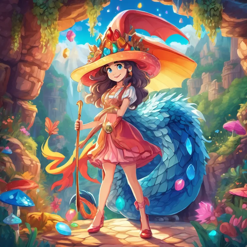 Illustration of Lucy has curly brown hair and sparkling blue eyes She loves wearing colorful dresses and Magic Mike has a long, white beard and wears a big, pointy hat He always carries a sparkly staff flying on the back of a colorful dragon, with a cave filled with gems in the background