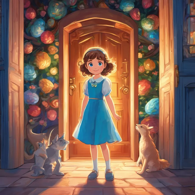 Illustration of Lucy has curly brown hair and sparkling blue eyes She loves wearing colorful dresses in front of her glowing door, surrounded by her newfound magical friends