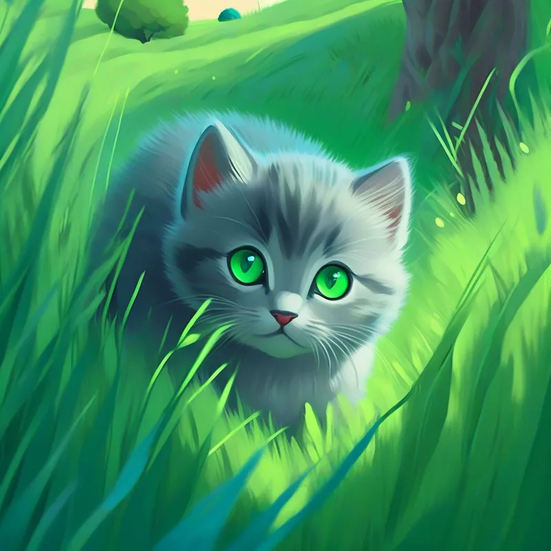 A green field with a lost A small gray kitten with bright blue eyes..