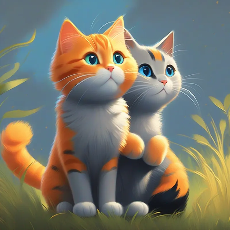 A happy A big orange cat with a black stripe on her back. listening to the A small gray kitten with bright blue eyes..