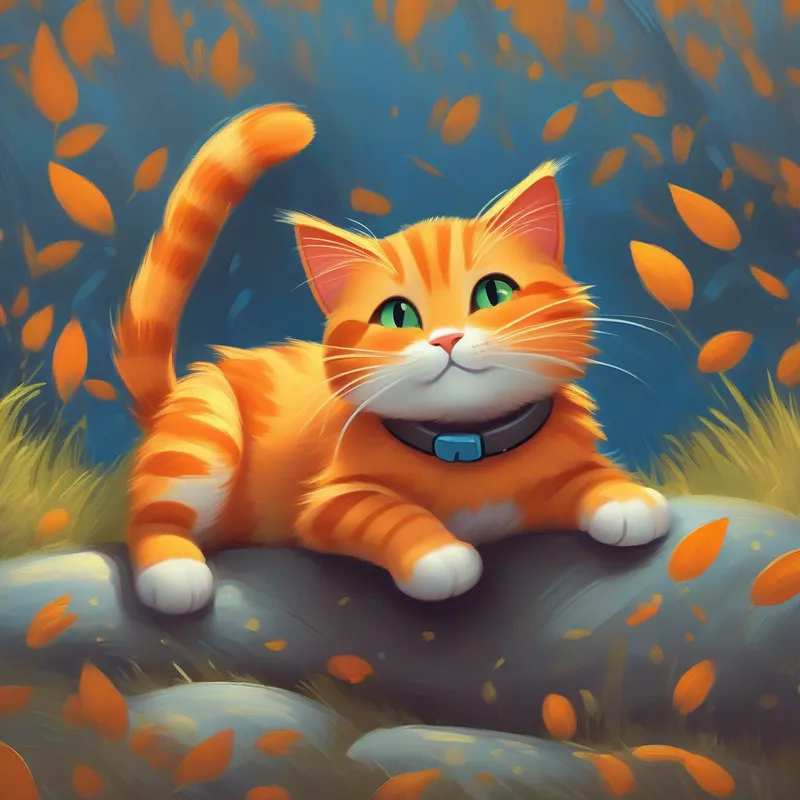 A happy A big orange cat with a black stripe on her back. finding her A small gray kitten with bright blue eyes..