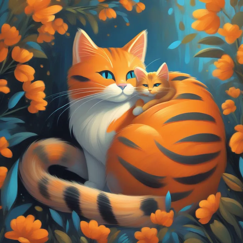 A happy A big orange cat with a black stripe on her back. cuddling her A small gray kitten with bright blue eyes..