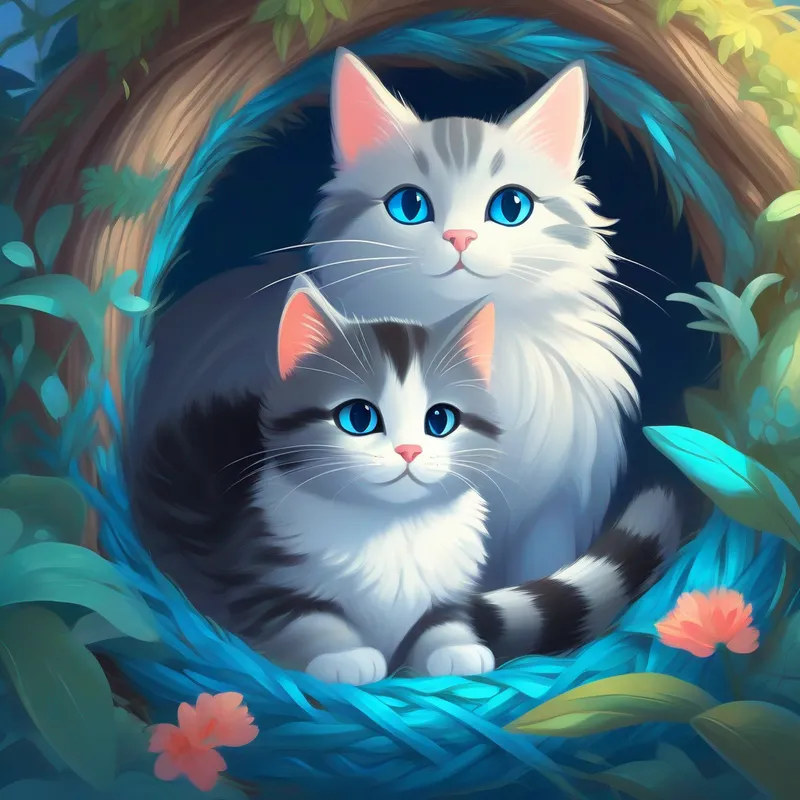 A cozy nest where the cat and A small gray kitten with bright blue eyes. live.