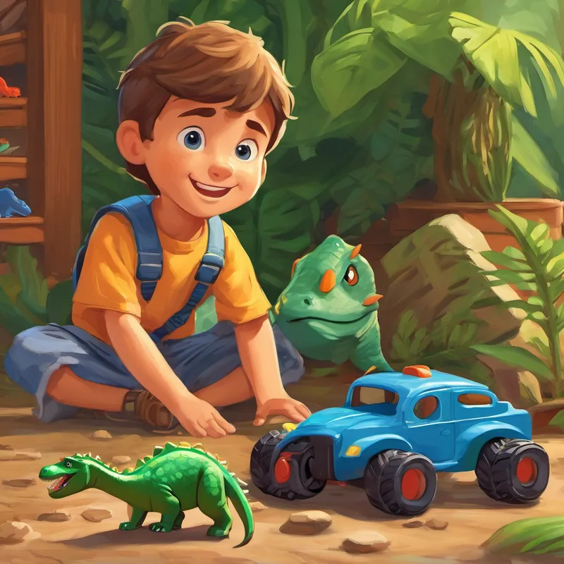 Jude turned to Porter, his best friend, and asked for his help. Porter, being the kind-hearted friend that he was, quickly came up with a brilliant plan. He ran inside the house and brought out a box of his toy dinosaurs. Porter knew that dinosaurs were good at guarding things, so he decided to place the toy dinosaurs around the race car tracks as guards. He positioned them strategically, making sure no banana peel would dare come close to the tracks.
Jude was amazed by Porter's idea and was thankful to have such a clever friend. With the toy dinosaur guards in place, they were ready to start the race track party!