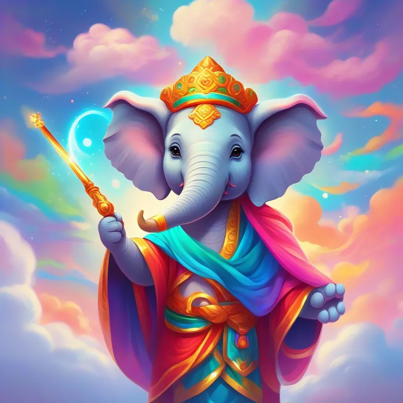 An adorable elephant-headed deity, wearing colorful robes and holding a magical wand holding a magic wand, surrounded by colorful clouds