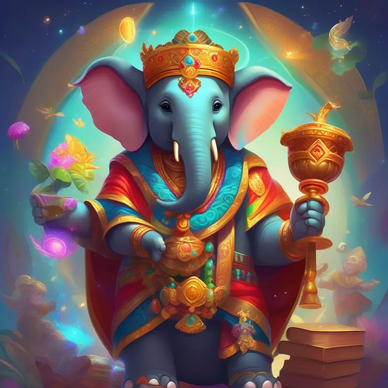 An adorable elephant-headed deity, wearing colorful robes and holding a magical wand talking to A wise deity with four arms, adorned with jewels and holding a conch shell and a discus, who is surrounded by books and scrolls