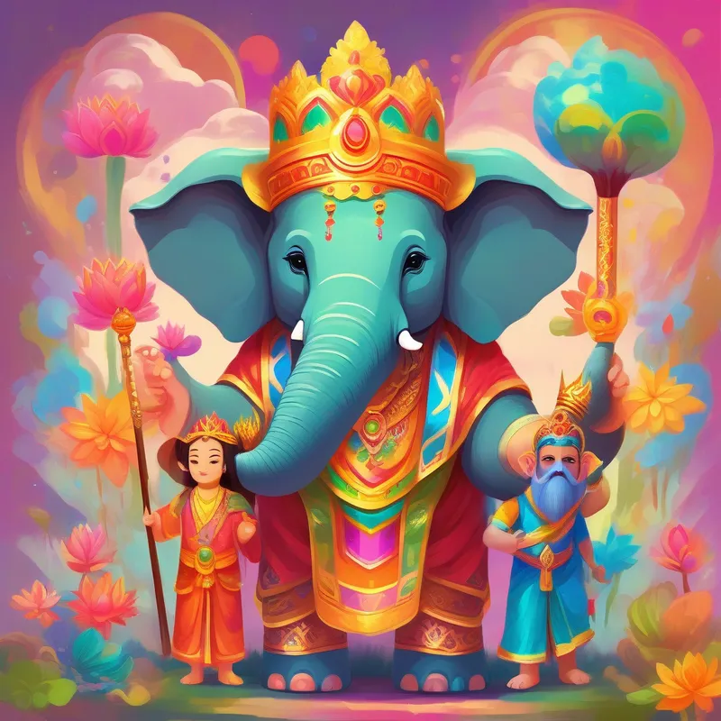 An adorable elephant-headed deity, wearing colorful robes and holding a magical wand and A bearded deity with four faces, wearing a crown and carrying a lotus flower having a conversation, surrounded by colorful paints and brushes