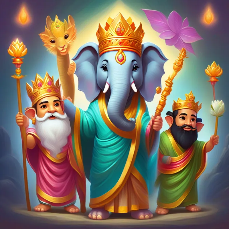 A bearded deity with four faces, wearing a crown and carrying a lotus flower pointing at a blank canvas, An adorable elephant-headed deity, wearing colorful robes and holding a magical wand looking excited