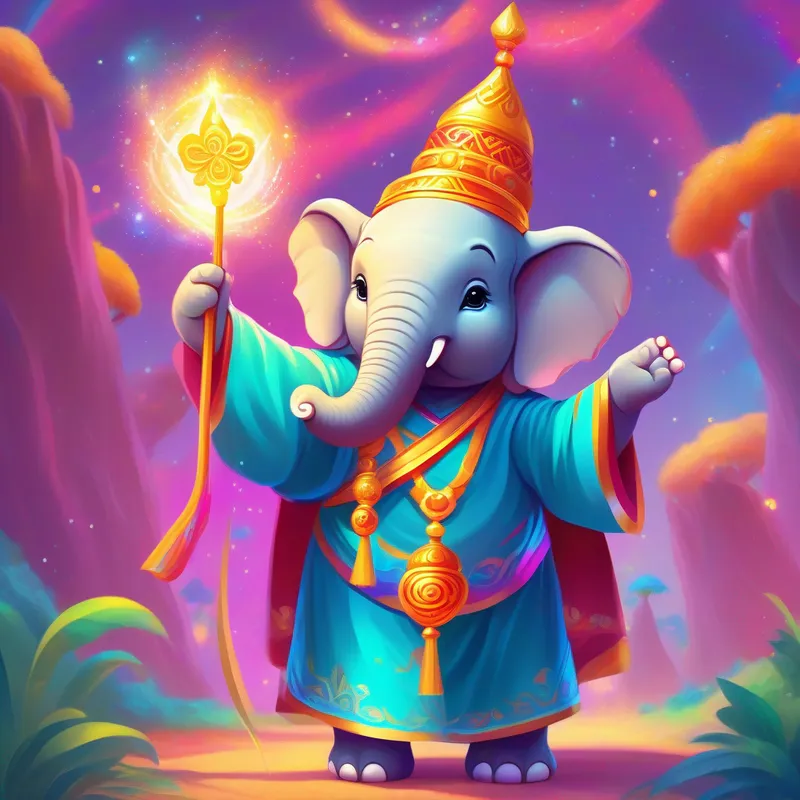 An adorable elephant-headed deity, wearing colorful robes and holding a magical wand waving a magic wand, creating a vibrant world