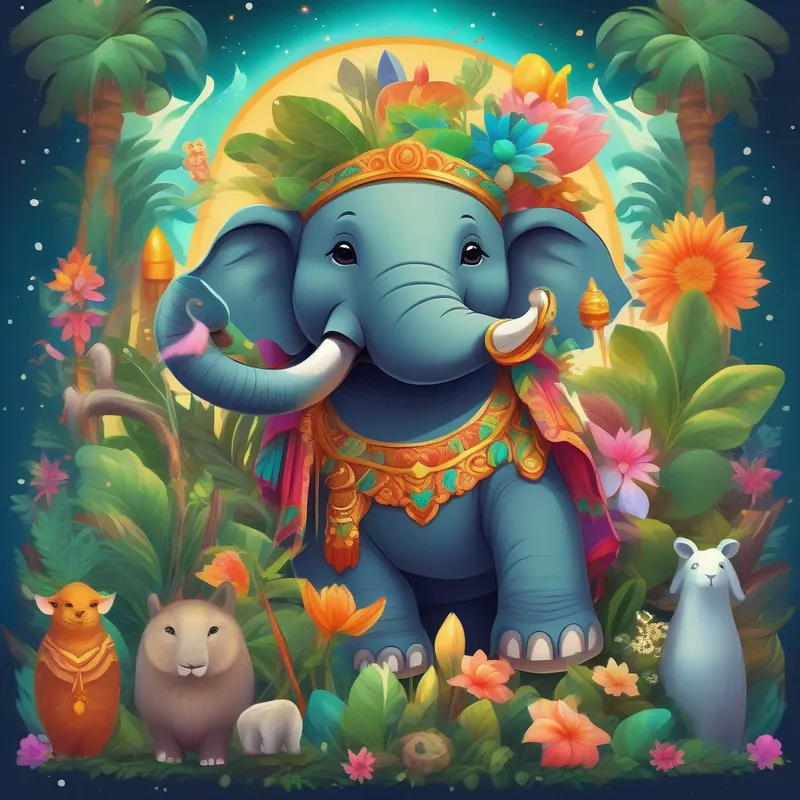 An adorable elephant-headed deity, wearing colorful robes and holding a magical wand admired by the gods and goddesses, surrounded by a diverse array of animals and plants