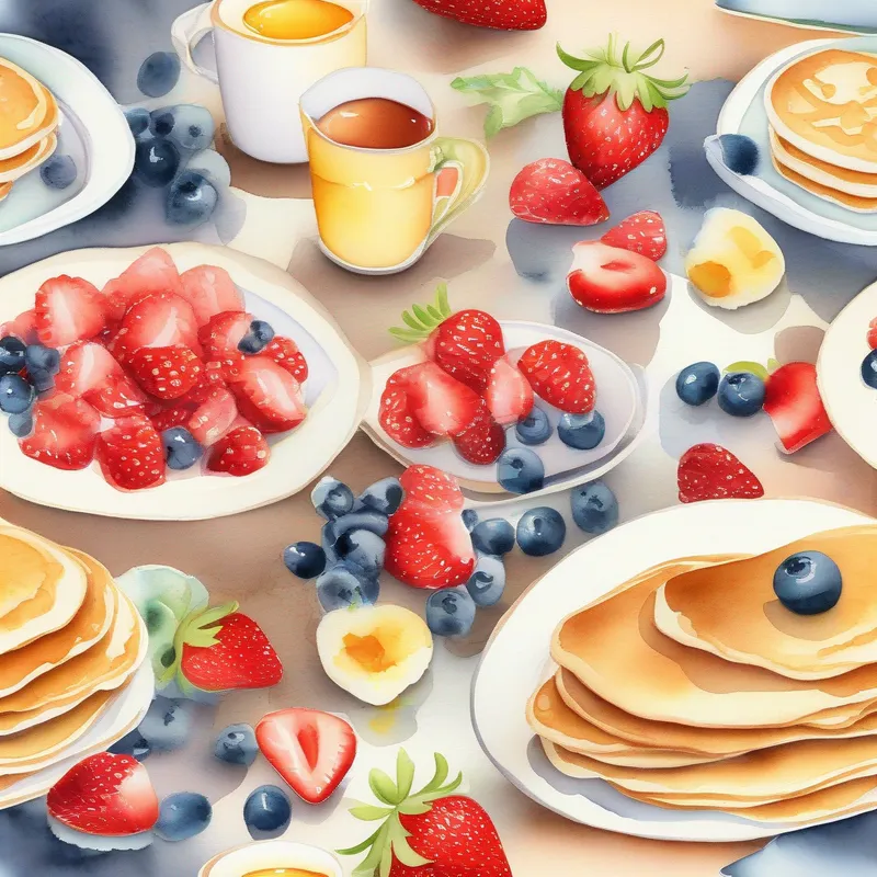 Breakfast table with pancakes and strawberries