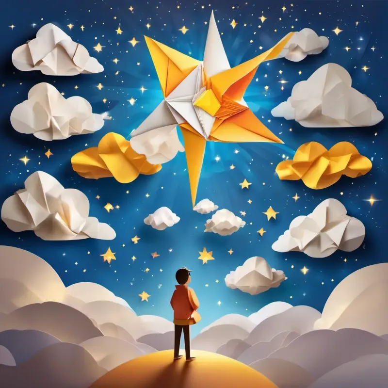 Illustration of Glowing young star, sparkling with joy and curiosity looking curiously at wise and loving figures in the clouds.