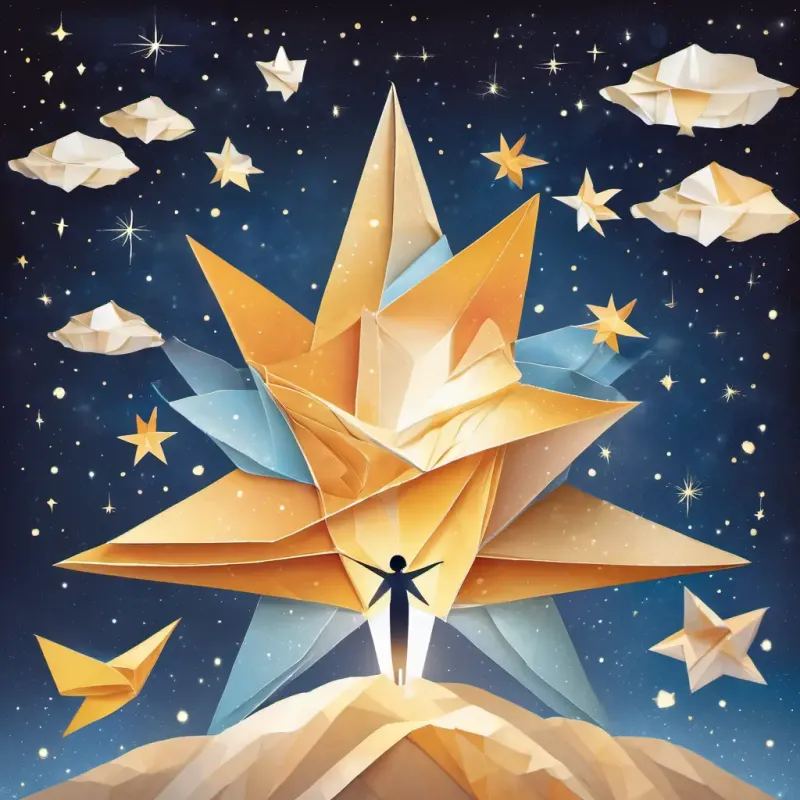 Illustration of Loving and wise figure in the sky, with a warm and inviting presence and Kind and gentle figure in the sky, radiating a comforting glow, smiling and waving to Glowing young star, sparkling with joy and curiosity in the starry sky.