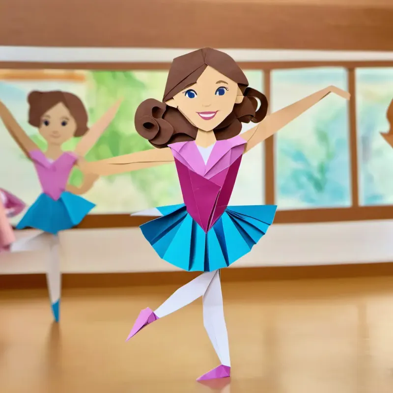 A picture of Lily has curly brown hair, bright blue eyes, and a big smile practicing ballet moves in the ballet class.