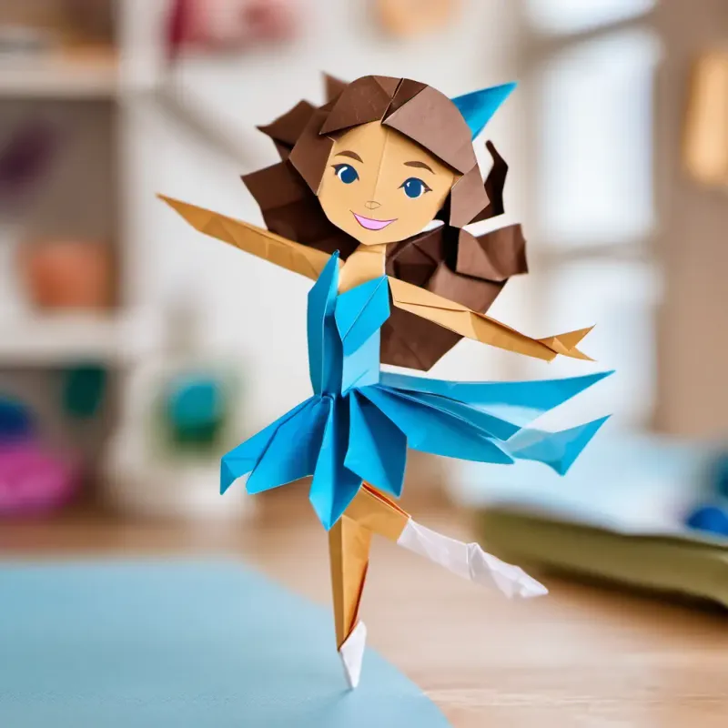 A picture of Lily has curly brown hair, bright blue eyes, and a big smile practicing ballet at home, twirling and leaping.