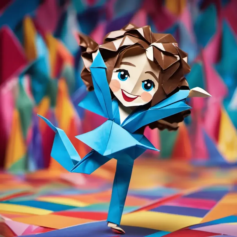 A picture of Lily has curly brown hair, bright blue eyes, and a big smile on stage, dancing confidently with a big smile.