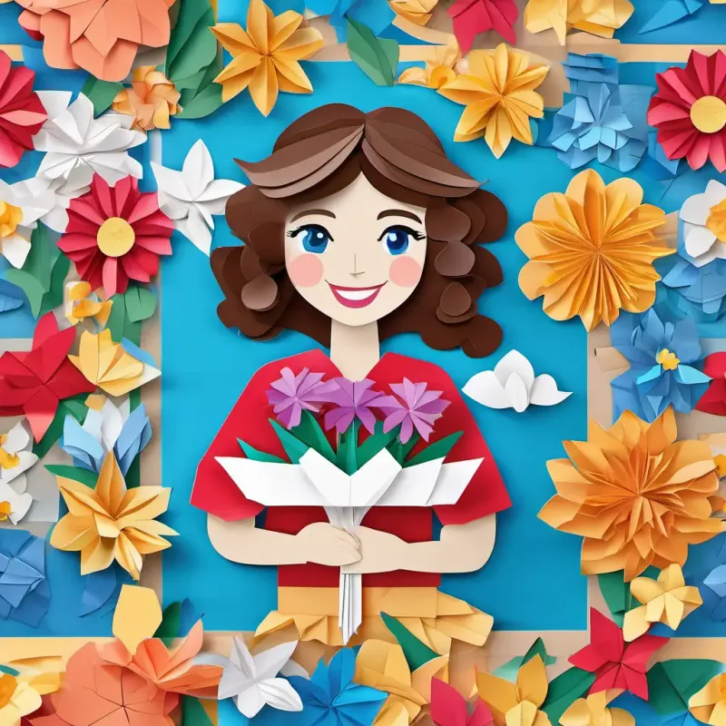 A picture of Lily has curly brown hair, bright blue eyes, and a big smile holding a bouquet of flowers and feeling happy.