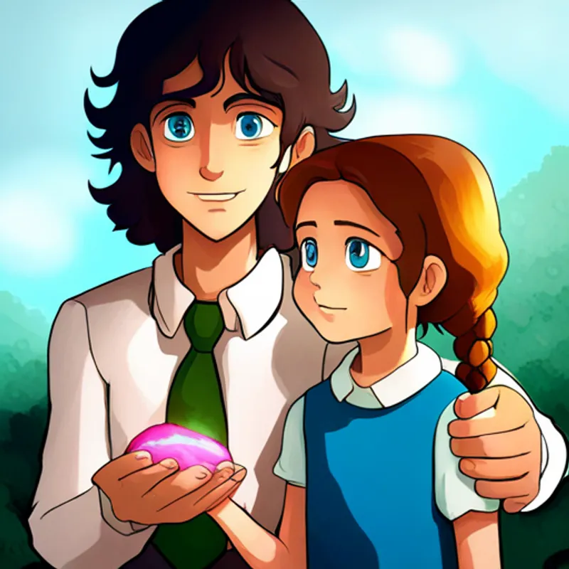 Dr Tajir giving Sweet girl with curly brown hair and bright blue eyes a magical stone