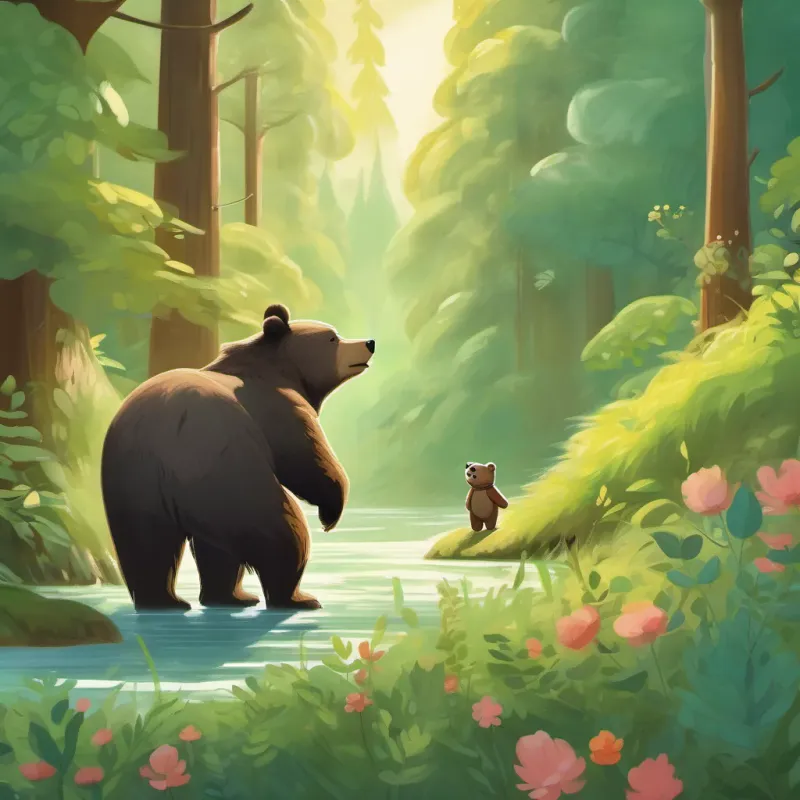 A whimsical illustration of a small, adventurous bear standing at the edge of a lush green forest, with a nurturing, wise bear with a gentle smile, larger in stature gently cautioning him.