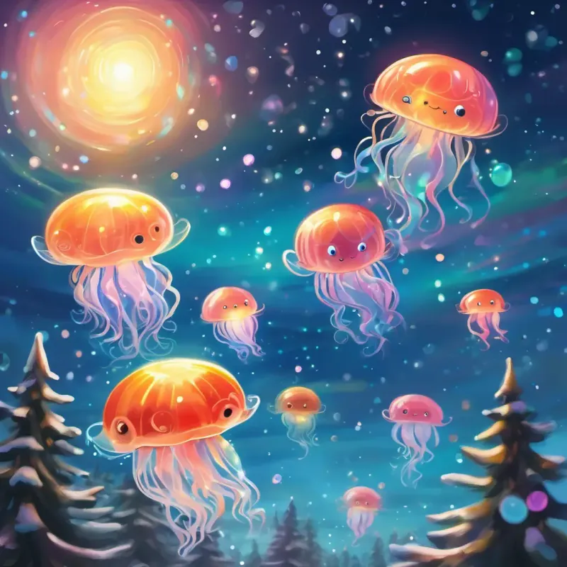 The baby jellyfish playing and spreading their glow across the sky.