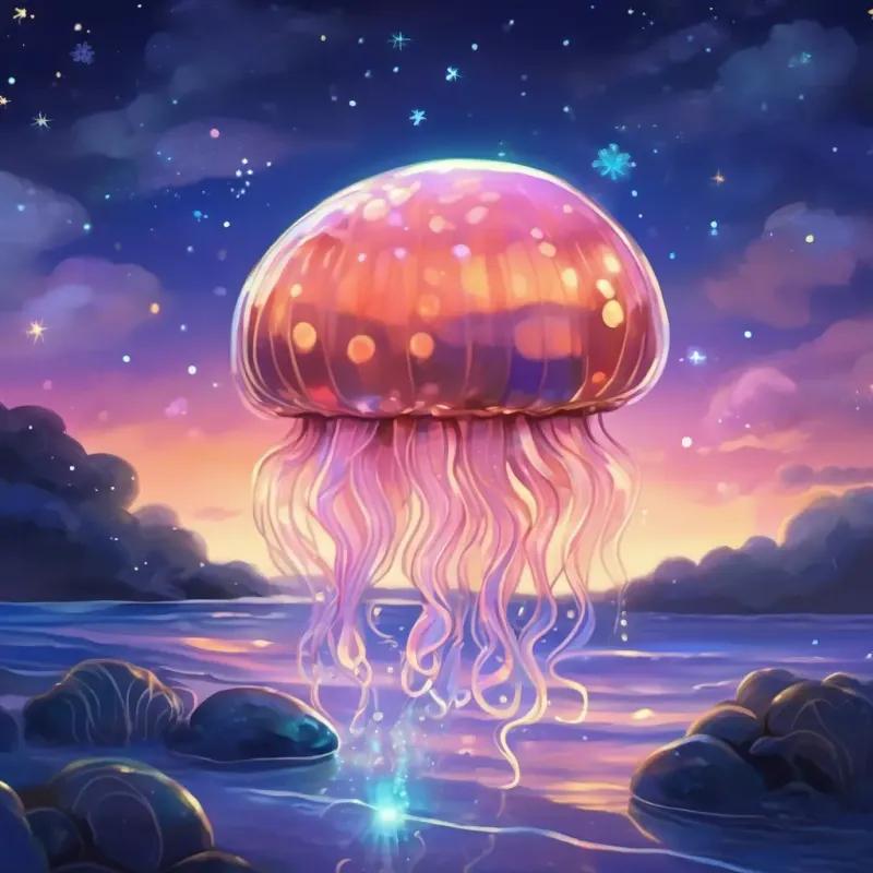 The baby jellyfish saying goodnight to the Radiant and warm, shining in the sky and Serene and calming, glowing softly in the night, cuddling together for bedtime.