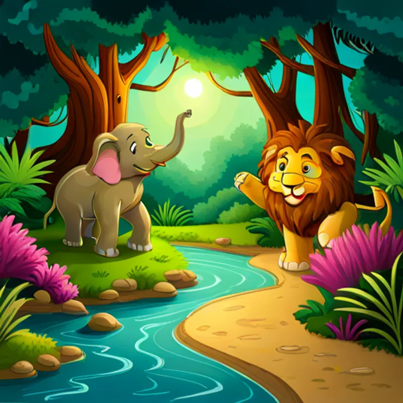 Young elephant with pink ears and a playful spirit, Smiling turtle with a green shell and wise eyes, and Friendly lion with a golden mane and gentle paws planning their magical forest adventure