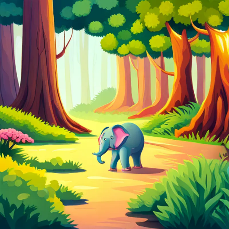 Young elephant with pink ears and a playful spirit, Smiling turtle with a green shell and wise eyes and Friendly lion with a golden mane and gentle paws walking through tall trees