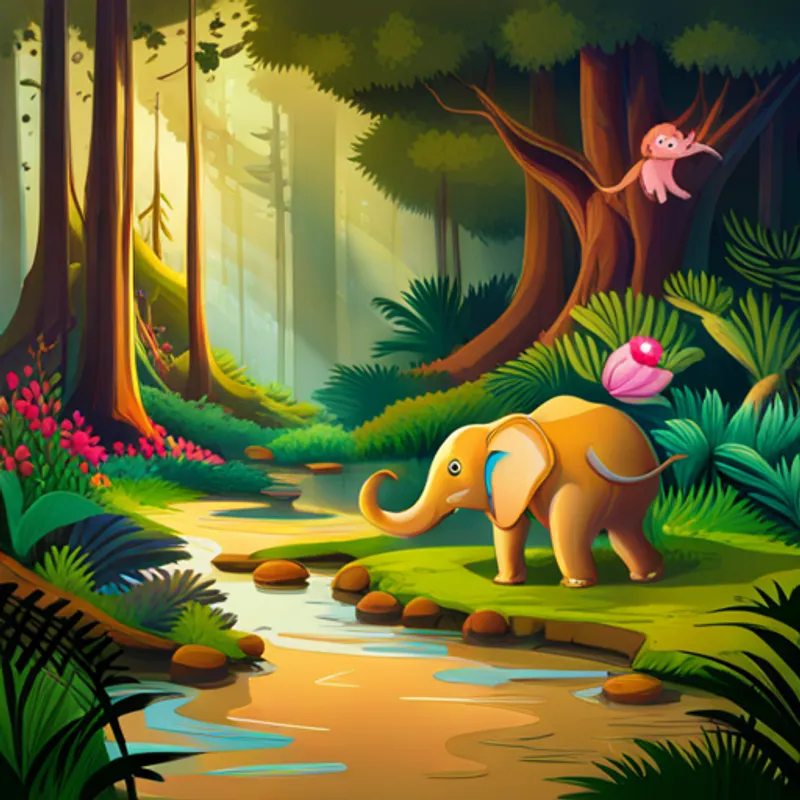 Animals warning Young elephant with pink ears and a playful spirit, Smiling turtle with a green shell and wise eyes, and Friendly lion with a golden mane and gentle paws about the forest
