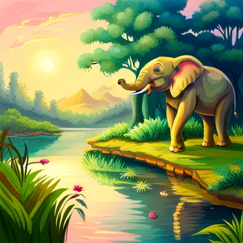 Young elephant with pink ears and a playful spirit, Smiling turtle with a green shell and wise eyes, and Friendly lion with a golden mane and gentle paws amazed by a sparkling pond