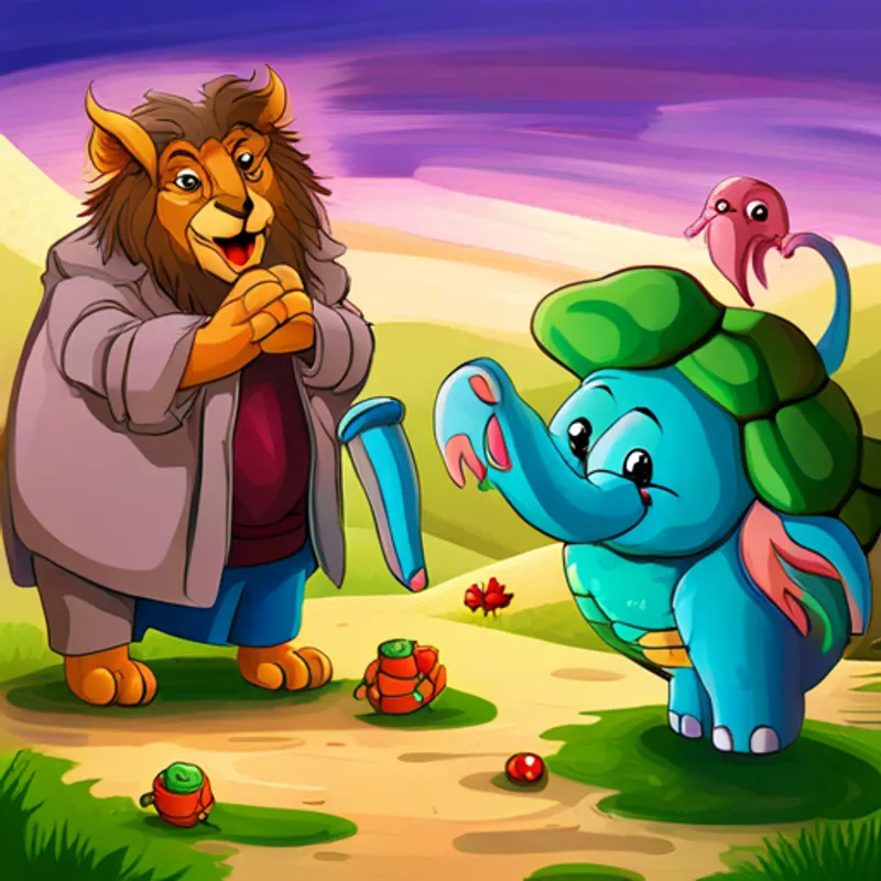 Wise old owl revealing the secret to Young elephant with pink ears and a playful spirit, Smiling turtle with a green shell and wise eyes, and Friendly lion with a golden mane and gentle paws