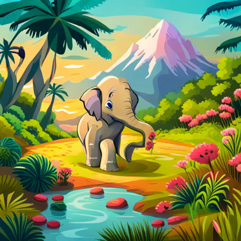 Young elephant with pink ears and a playful spirit, Smiling turtle with a green shell and wise eyes, and Friendly lion with a golden mane and gentle paws finding the magical flower