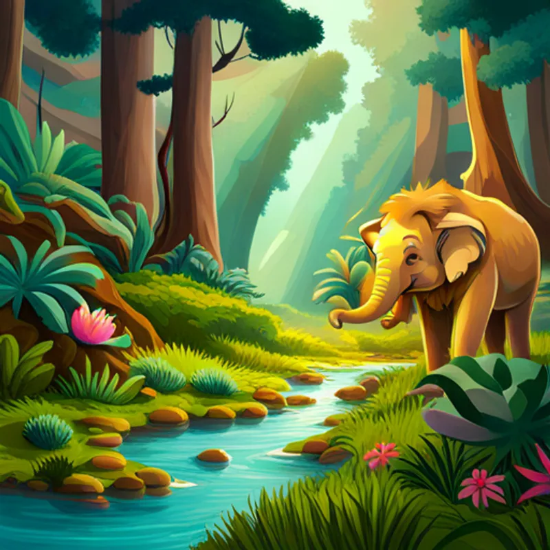 Young elephant with pink ears and a playful spirit, Smiling turtle with a green shell and wise eyes, and Friendly lion with a golden mane and gentle paws experiencing the magic of the forest
