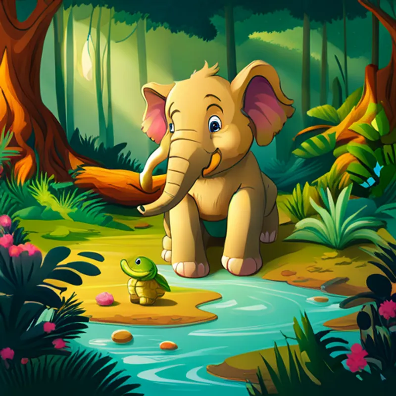 Young elephant with pink ears and a playful spirit, Smiling turtle with a green shell and wise eyes, and Friendly lion with a golden mane and gentle paws understanding the secret of the forest
