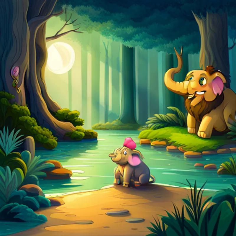 Young elephant with pink ears and a playful spirit, Smiling turtle with a green shell and wise eyes, and Friendly lion with a golden mane and gentle paws bidding farewell to the magical forest