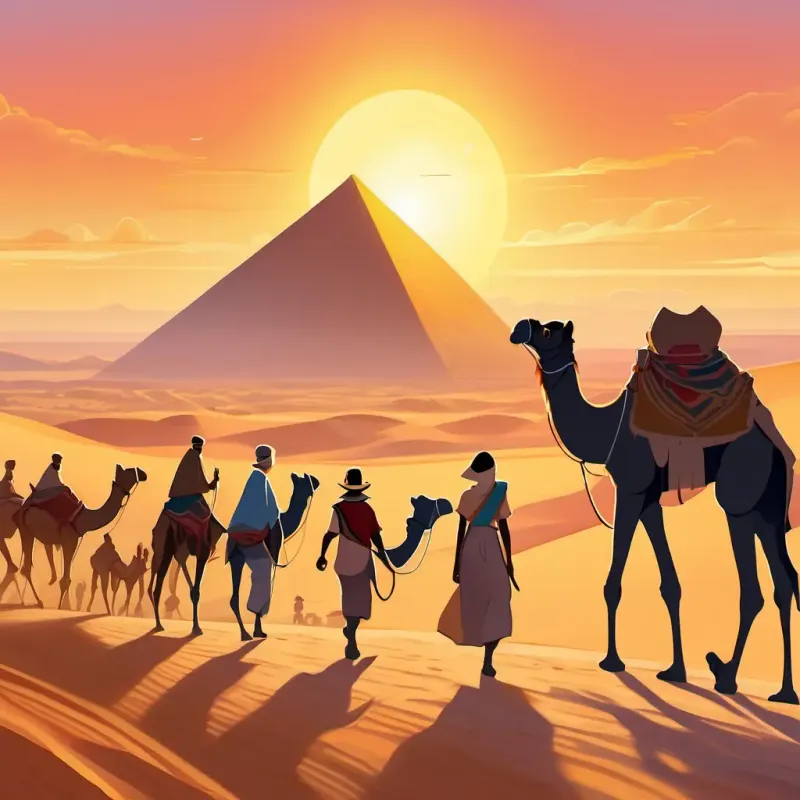 The family walks through the desert, with the pyramids in the background, a camel train passing by, and the sun shining brightly in the sky.