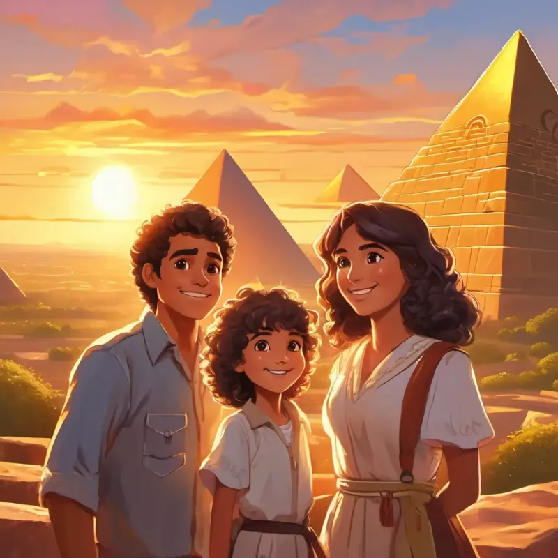 Curly hair and sparkling brown eyes pointing at the pyramids, her parents smiling beside her, and the sun casting a golden glow over the scene.