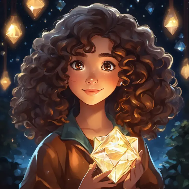 Curly hair and sparkling brown eyes holding the diamond, the sparkle illuminating the dark surroundings, and her eyes glowing with wonder.