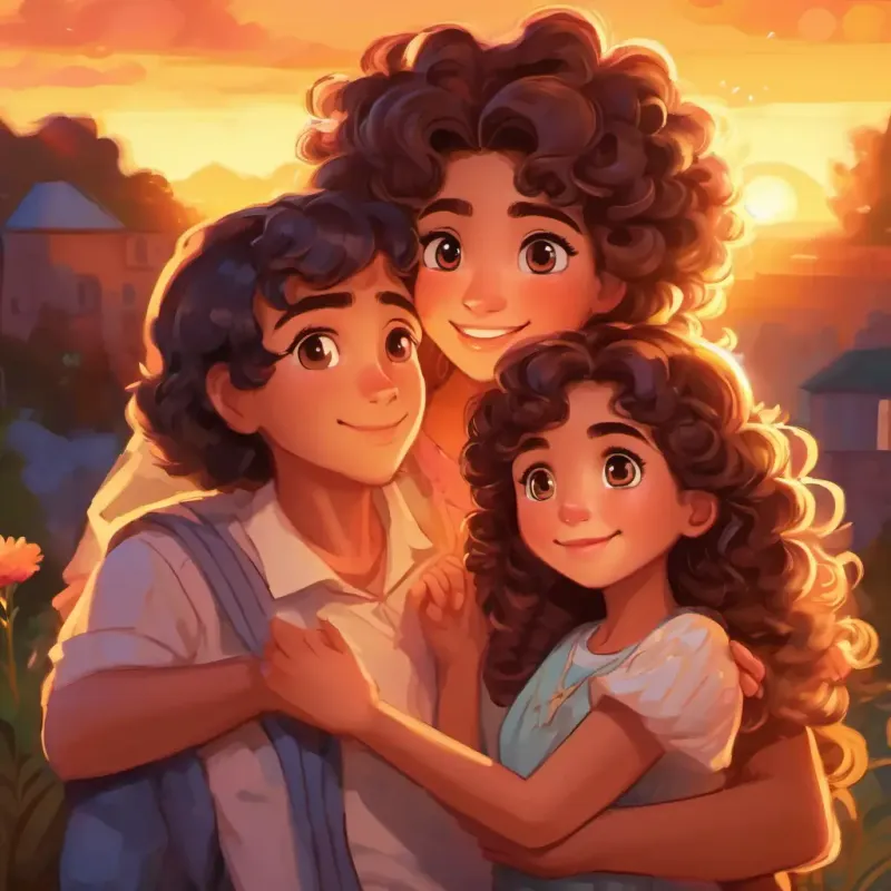 Curly hair and sparkling brown eyes hugging her parents, the sunset casting a warm glow, and the diamond sparkling in her hand.