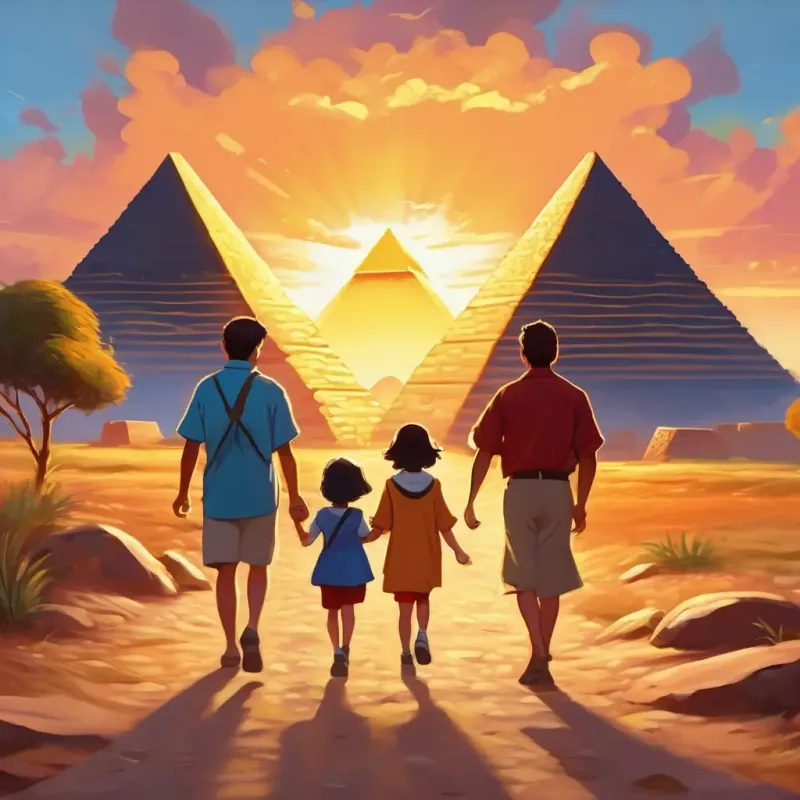 The family walking away from the pyramids, the diamond glimmering, and their hearts glowing with happiness.
