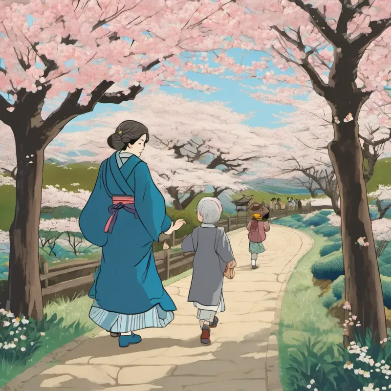 Lily is a little girl with brown hair and blue eyes and Grandma is an old lady with gray hair and kind eyes are walking up a path with cherry blossom trees on both sides. Lily is a little girl with brown hair and blue eyes is pointing at the flowers.