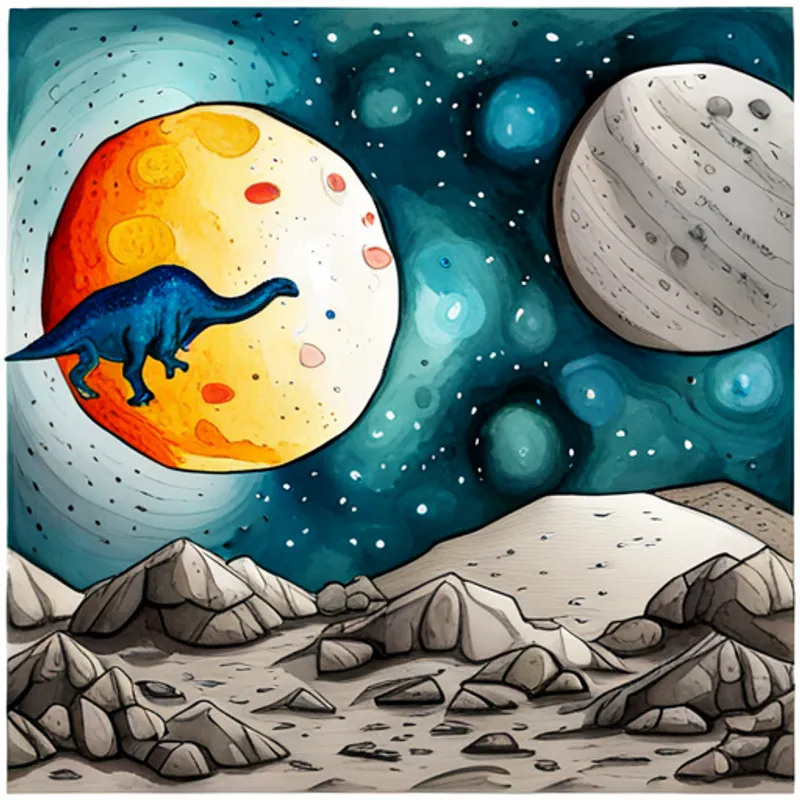 Dinosaurs on the moon with colorful rocks and craters