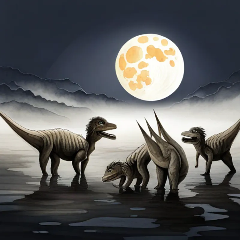 Dinosaurs planning and strategizing under the moonlight sky