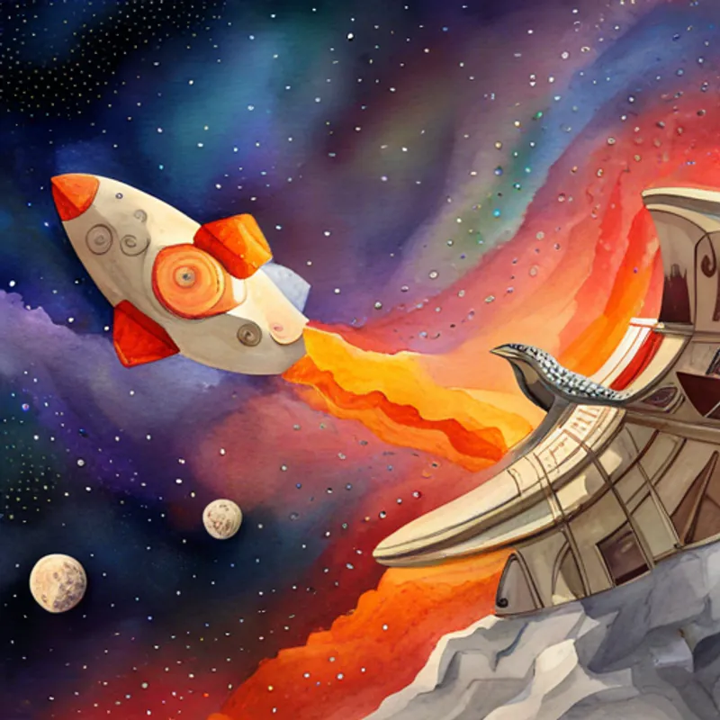 Dinosaurs in a rocketship flying past stars and planets